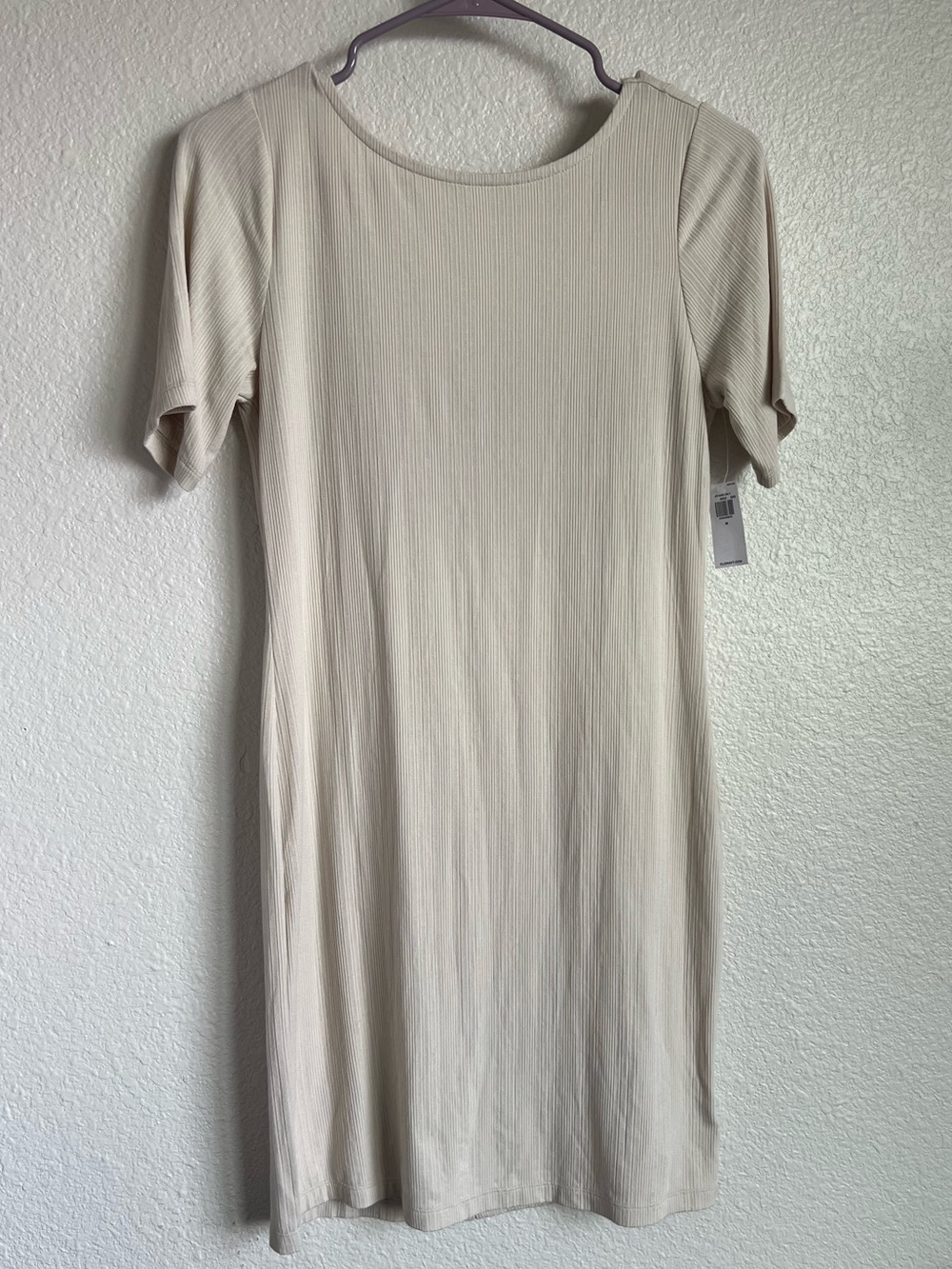 Simple Beige Ribbed Short Sleeve Dress